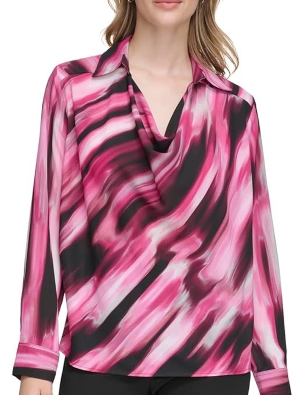 Calvin Klein Pink & Black Abstract Draped Blouse